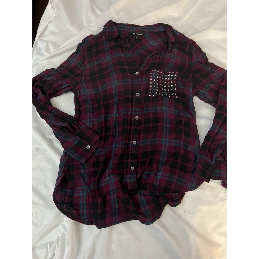 Rock & Republic Flannel Long Sleeve Shirt Women's XS Red Maroon Blue